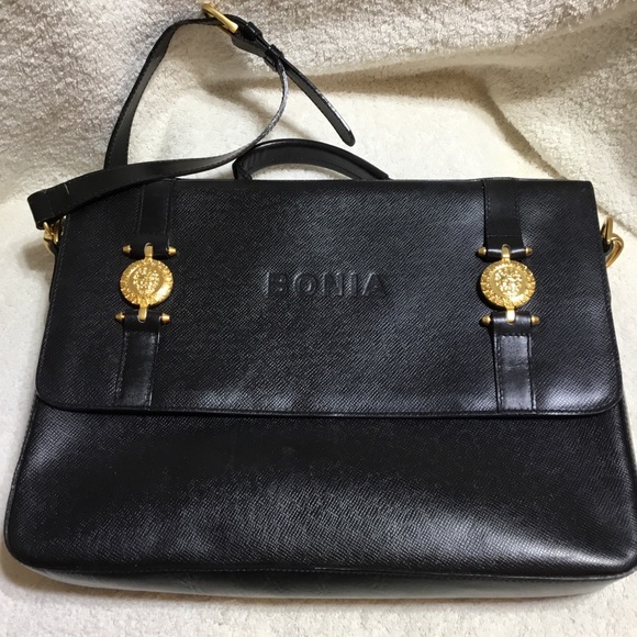 Bonia black leather briefcase 3 pockets cross body strap gold accents